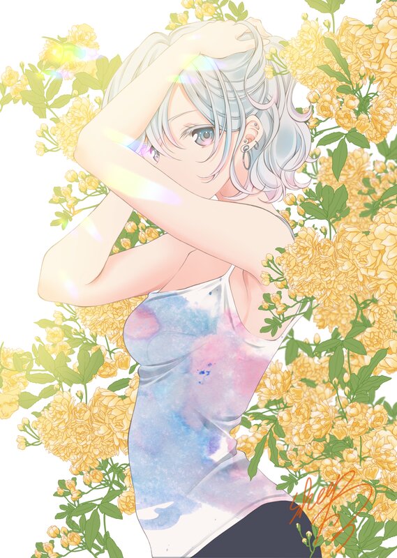 Anime Girl in Flowers — Yellow, Serene, Summer
