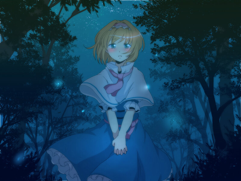 anime girl in forest at night