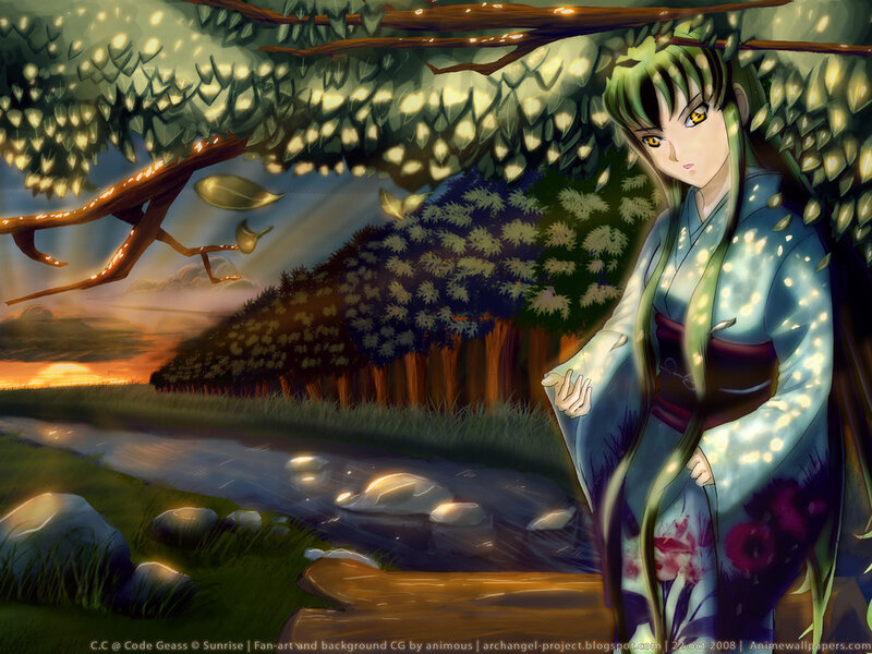 Anime girl in forest at sunset