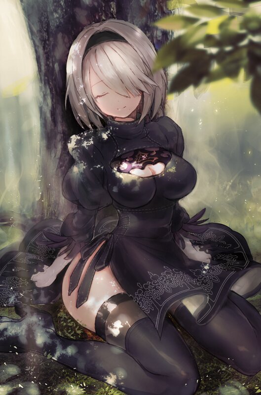 Anime Girl in Forest — Black, Serene