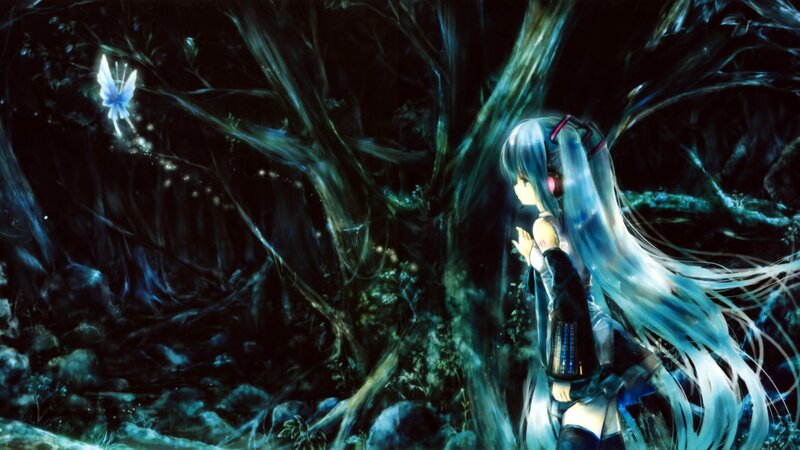 Anime Girl in Forest — Blue, Mysterious, Night, Digital Art