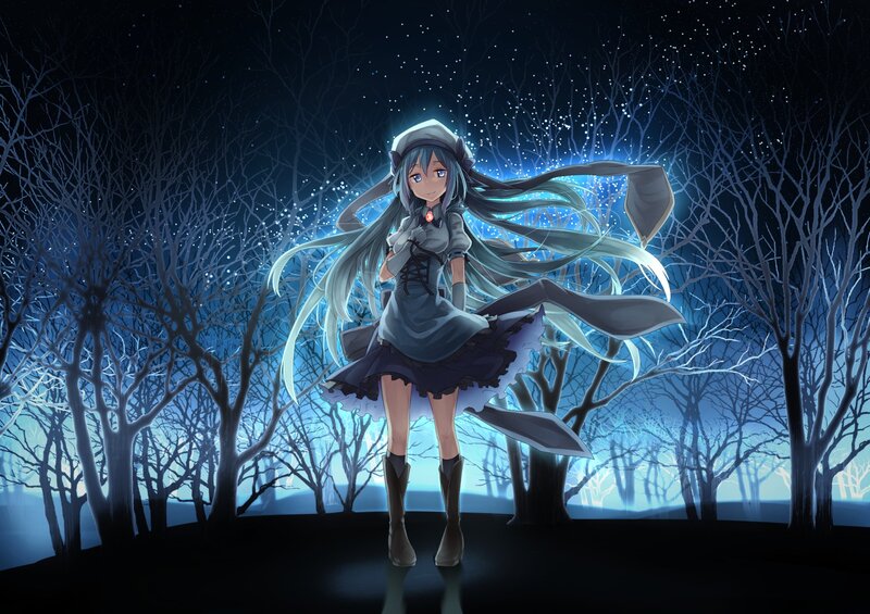 Anime Girl in Forest — Blue, Mysterious, Night, Digital Art, Trees