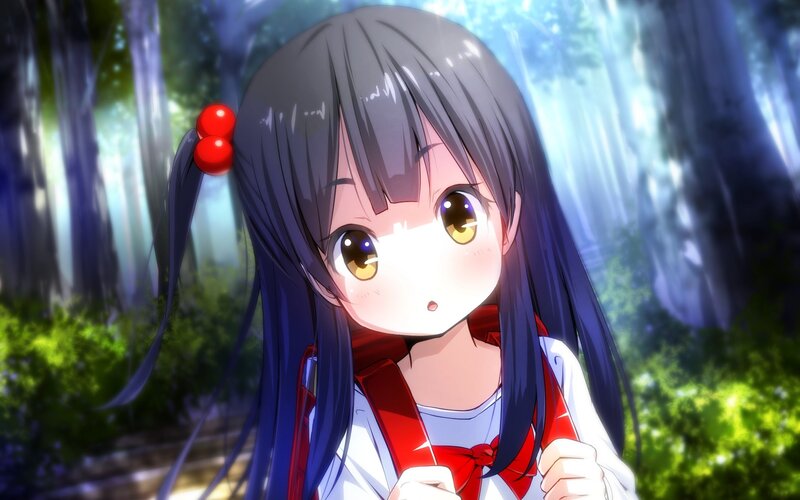 Anime Girl in Forest — Blue, Serene, Afternoon, Pigtails