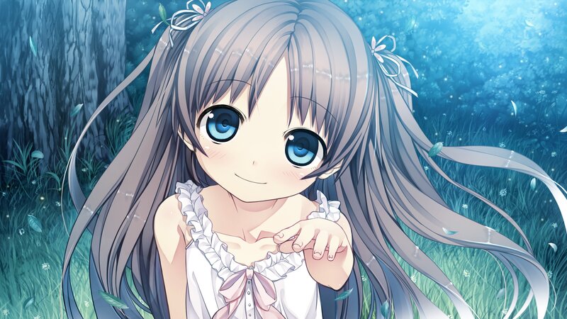 Anime Girl in Forest — Blue, Serene, Morning, Grass, Tree