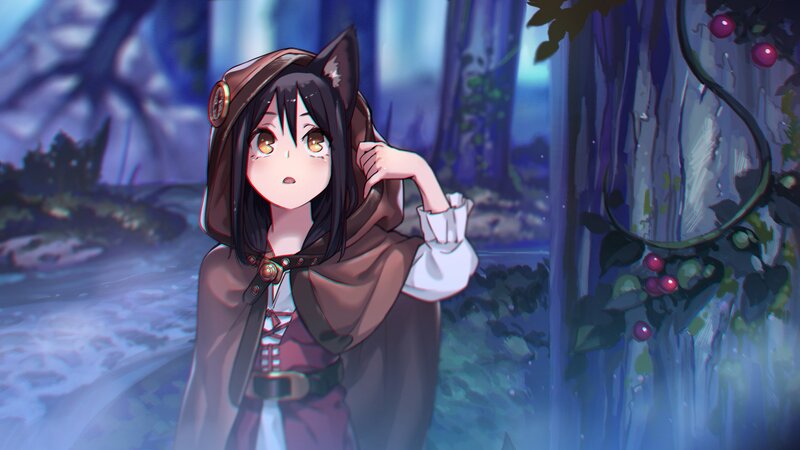 Anime Girl in Forest — Blue, Serene, Night, Digital Art, Berries