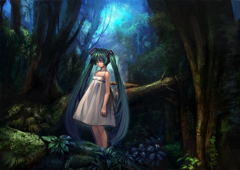 Anime Girl in Forest — Blue, Serene, Night, Digital Art, Dress