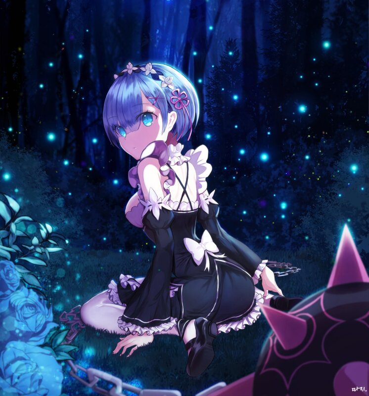 Anime Girl in Forest — Blue, Serene, Night, Digital Art, Glowing Lights, Chains