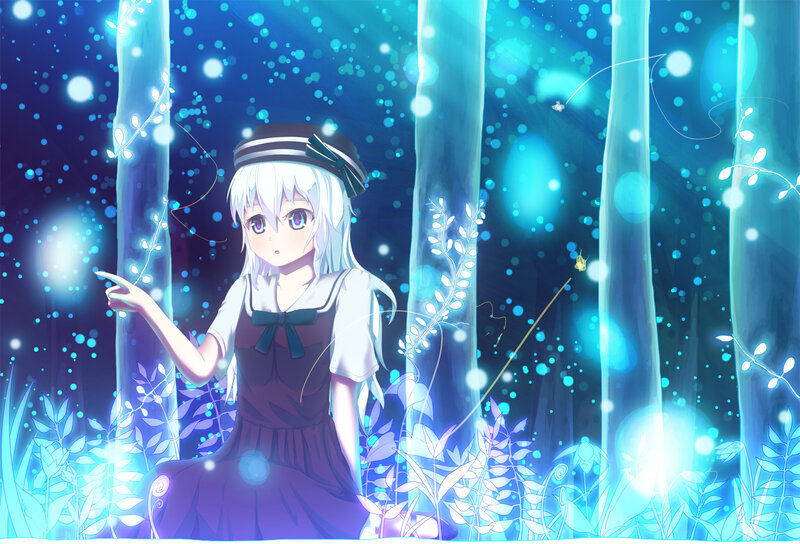 Anime Girl in Forest — Blue, Serene, Night, Digital Art, Glowing Lights