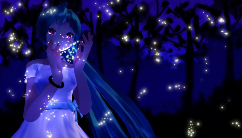 Anime Girl in Forest — Blue, Serene, Night, Digital Art, Glowing Lights, Trees