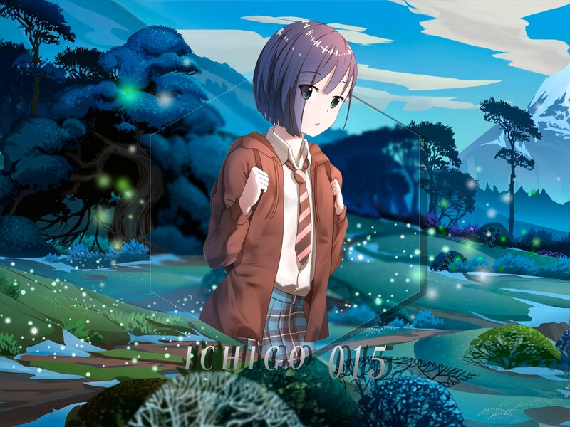 Anime Girl in Forest — Blue, Serene, Night, Digital Art, Mountains