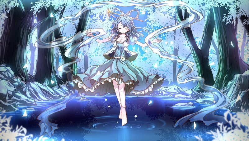 Anime Girl in Forest — Blue, Serene, Night, Digital Art, River