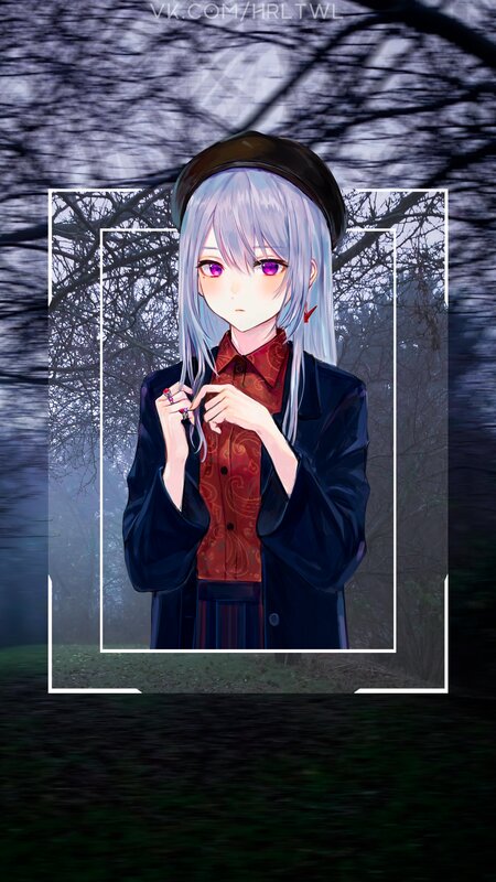 Anime Girl in Forest — Gray, Dramatic, Night