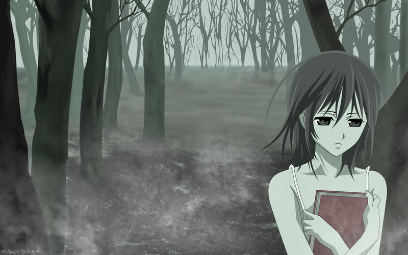 Anime Girl in Forest — Gray, Somber