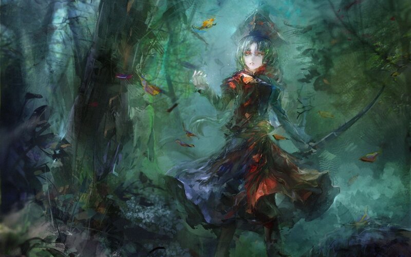 Anime Girl in Forest — Green, Mysterious, Autumn