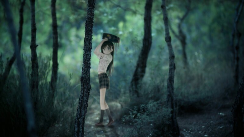 Anime Girl in Forest — Green, Mysterious, Digital Art, Trees