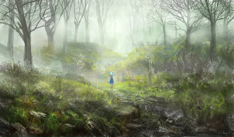 Anime Girl in Forest — Green, Mysterious, Morning, Digital Art
