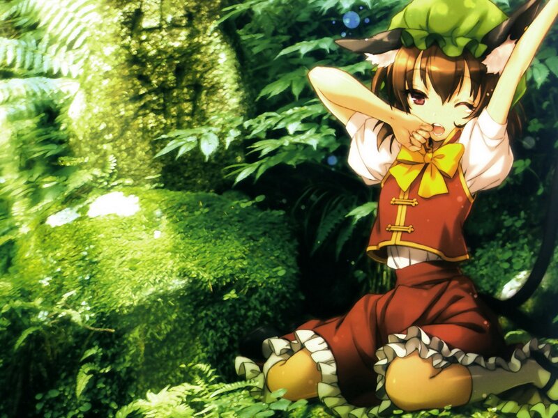 Anime Girl in Forest — Green, Playful, Afternoon, Moss