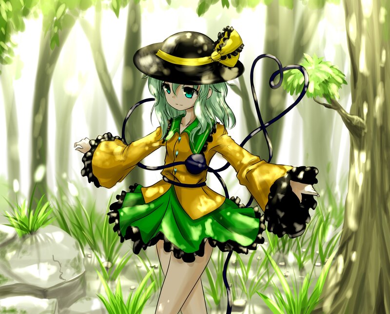 Anime Girl in Forest — Green, Serene, Afternoon, Digital Art, Hat