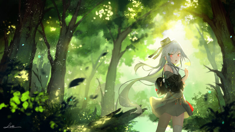 Anime Girl in Forest — Green, Serene, Afternoon, Digital Art, Sunlight, Backpack