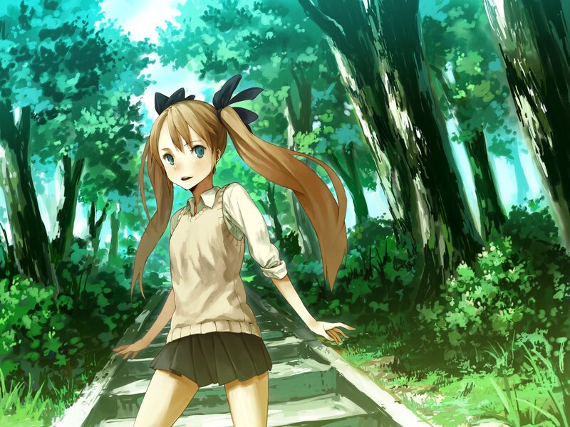Anime Girl in Forest — Green, Serene, Afternoon, Digital Art, Trees