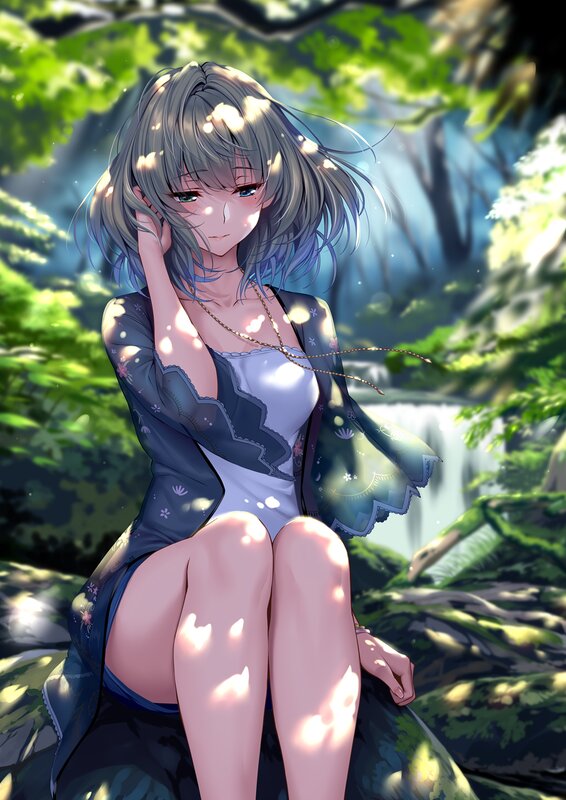 Anime Girl in Forest — Green, Serene, Afternoon, Digital Art, Waterfall