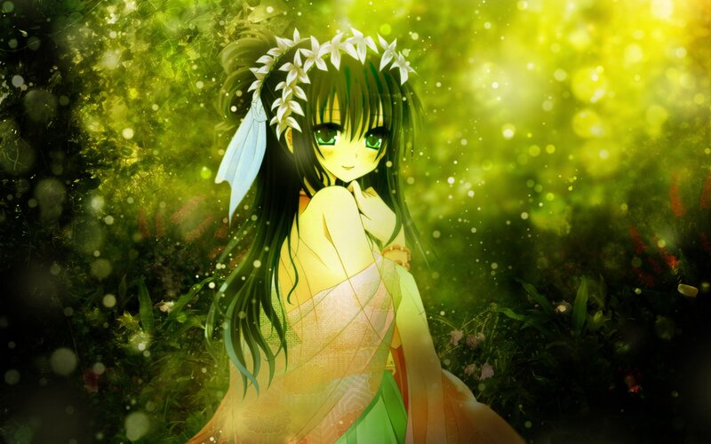 Anime Girl in Forest — Green, Serene, Afternoon, Flowers