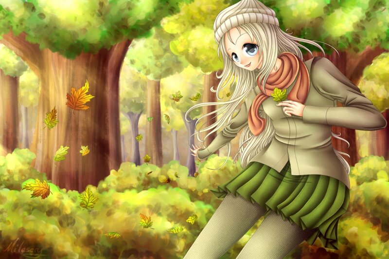 Anime Girl in Forest — Green, Serene, Autumn, Digital Art