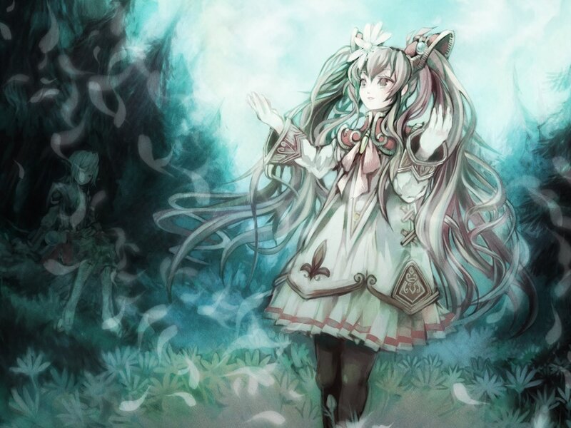Anime Girl in Forest — Green, Serene, Digital Art, Long Hair, Dress, White