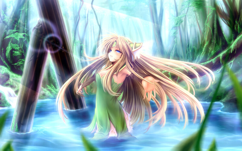 Anime Girl in Forest — Green, Serene, Digital Art, River