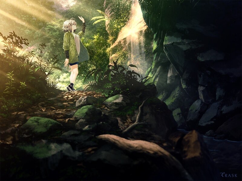 Anime Girl in Forest — Green, Serene, Morning, Digital Art, Sunlight