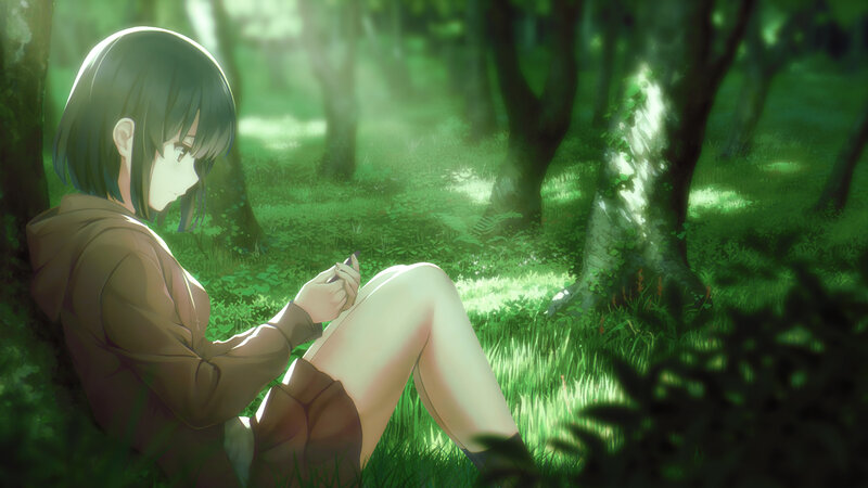 Anime Girl in Forest — Green, Serene, Morning, Digital Art, Tree, Grass
