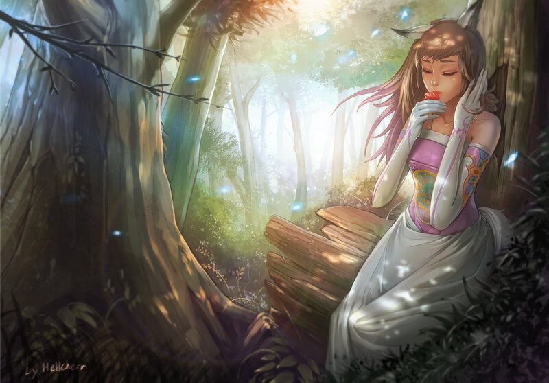 Anime Girl in Forest — Green, Serene, Morning, Digital Art, Tree