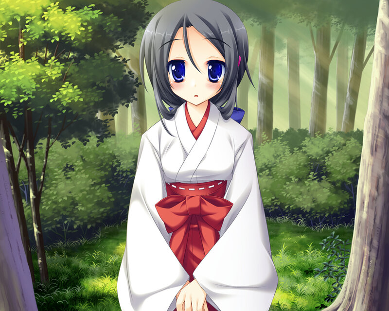 Anime Girl in Forest — Green, Serene, Morning, Kimono