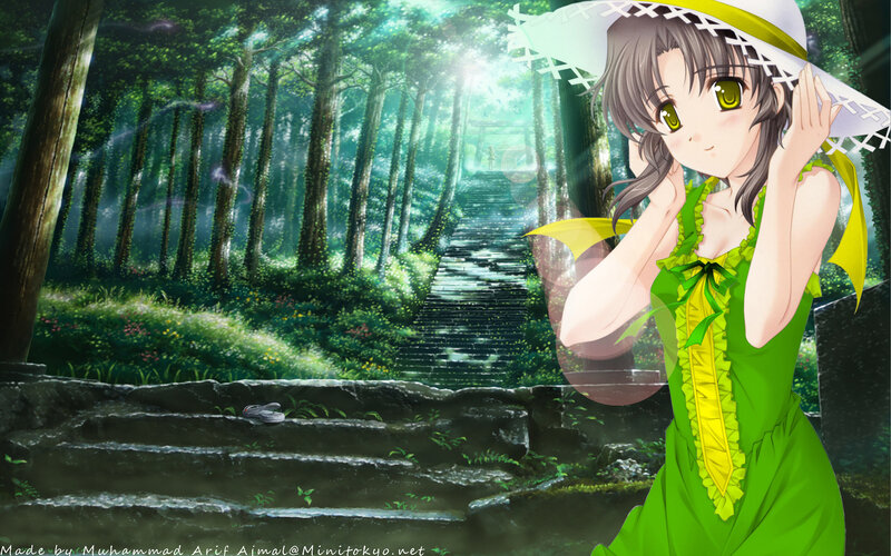 Anime Girl in Forest — Green, Serene, Morning, Stairs