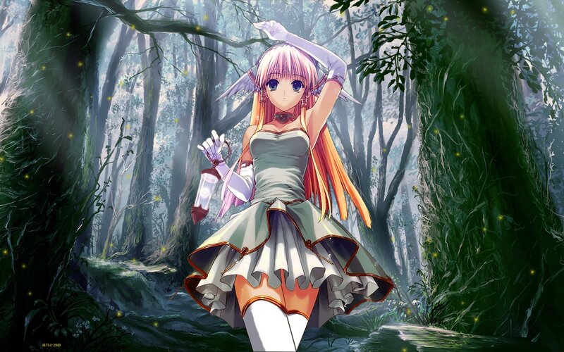 Anime Girl in Forest — Green, Serene, Night, Digital Art, Fireflies, Lantern