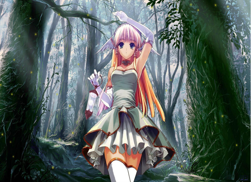Anime Girl in Forest — Green, Serene, Night, Digital Art, Fireflies