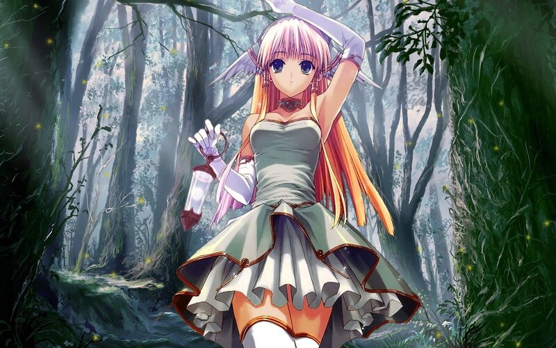 Anime Girl in Forest — Green, Serene, Night, Digital Art, Lantern, Fireflies