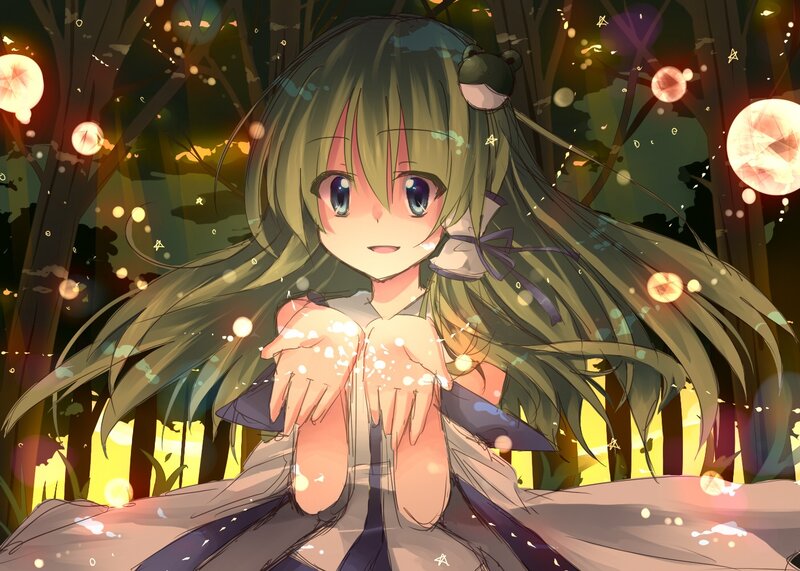 Anime Girl in Forest — Green, Serene, Night, Digital Art, Lights