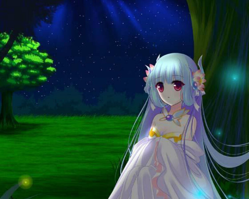 Anime Girl in Forest — Green, Serene, Night, Digital Art, Tree