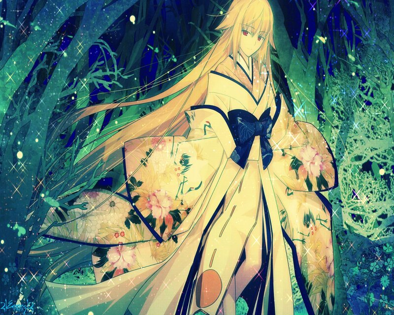 anime girl in forest kimono
