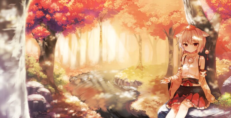 Anime Girl in Forest — Orange, Serene, Autumn, Digital Art
