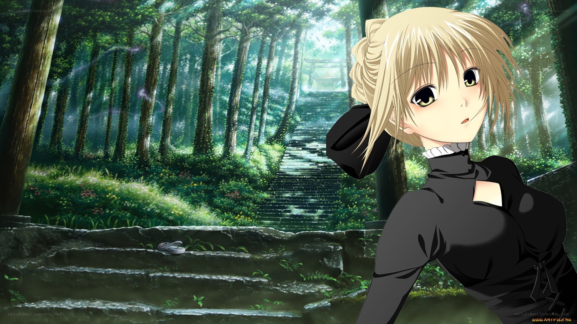 Anime girl in forest path