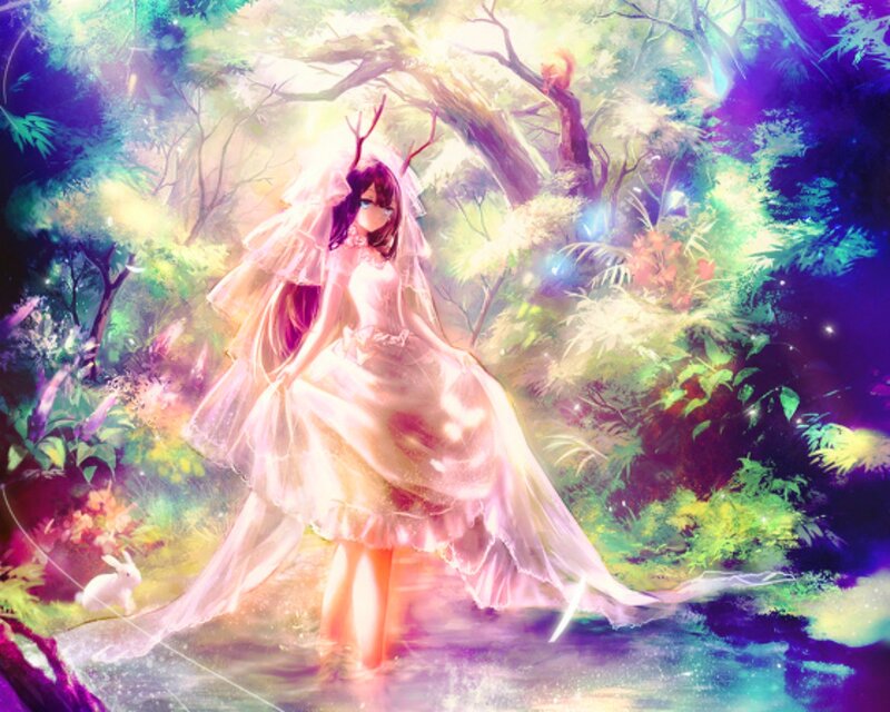 Anime Girl in Forest — Pink, Serene, Night, Digital Art