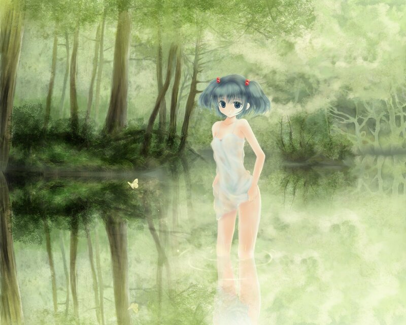 Anime girl in forest pond