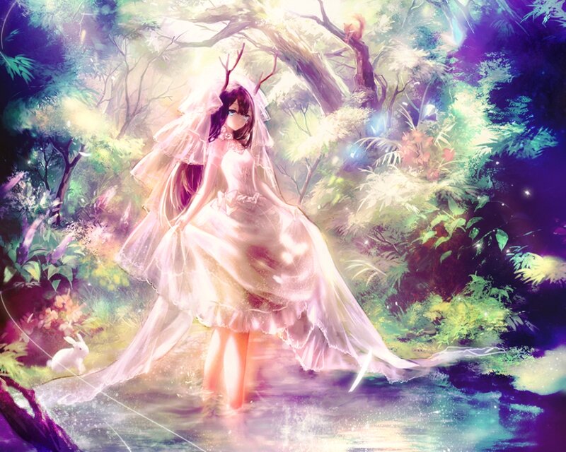 Anime Girl in Forest — Purple, Serene, Night, Digital Art