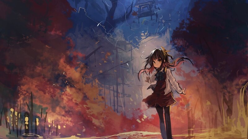 Anime Girl in Forest — Red, Dramatic, Autumn, Digital Art, Fallen Leaves