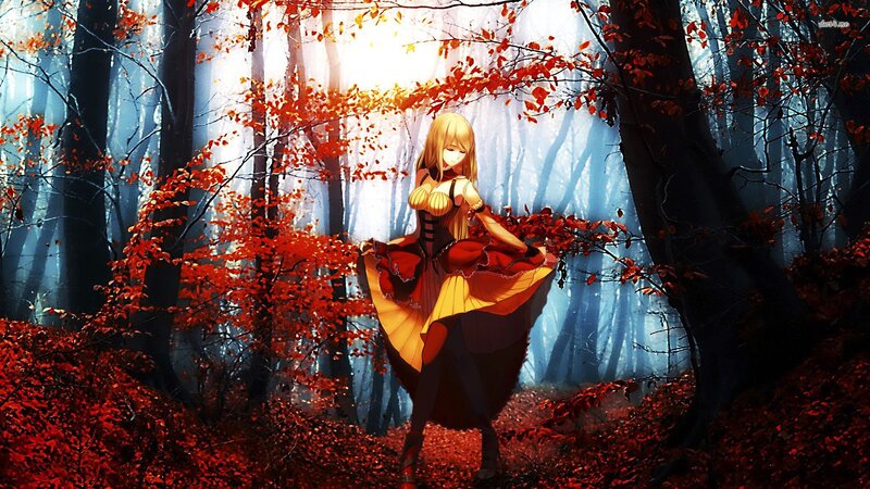 Anime Girl in Forest — Red, Dramatic, Autumn, Digital Art