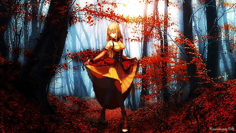 Anime Girl in Forest — Red, Dramatic, Autumn