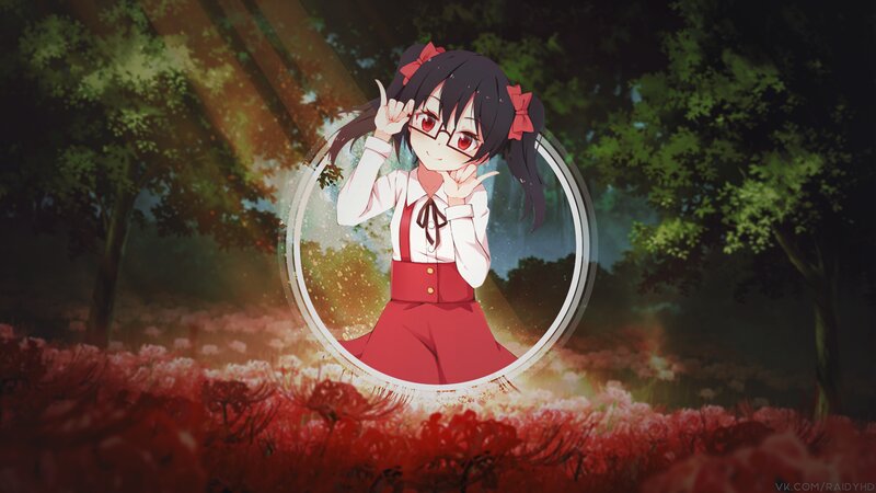 Anime Girl in Forest — Red, Dramatic, Night, Glasses