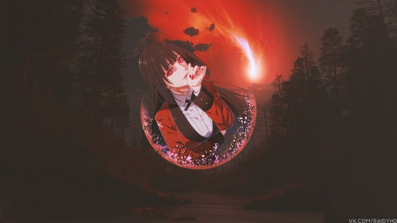 Anime Girl in Forest — Red, Dramatic, Night, Meteor